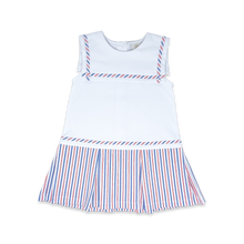 Load image into Gallery viewer, Hadley Dress - White, Patriotic Pinstripe
